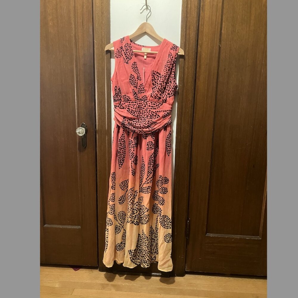 Anthropologie Pink to Peach Gradient Midi Dress with Black Floral Print - Picture 4 of 7
